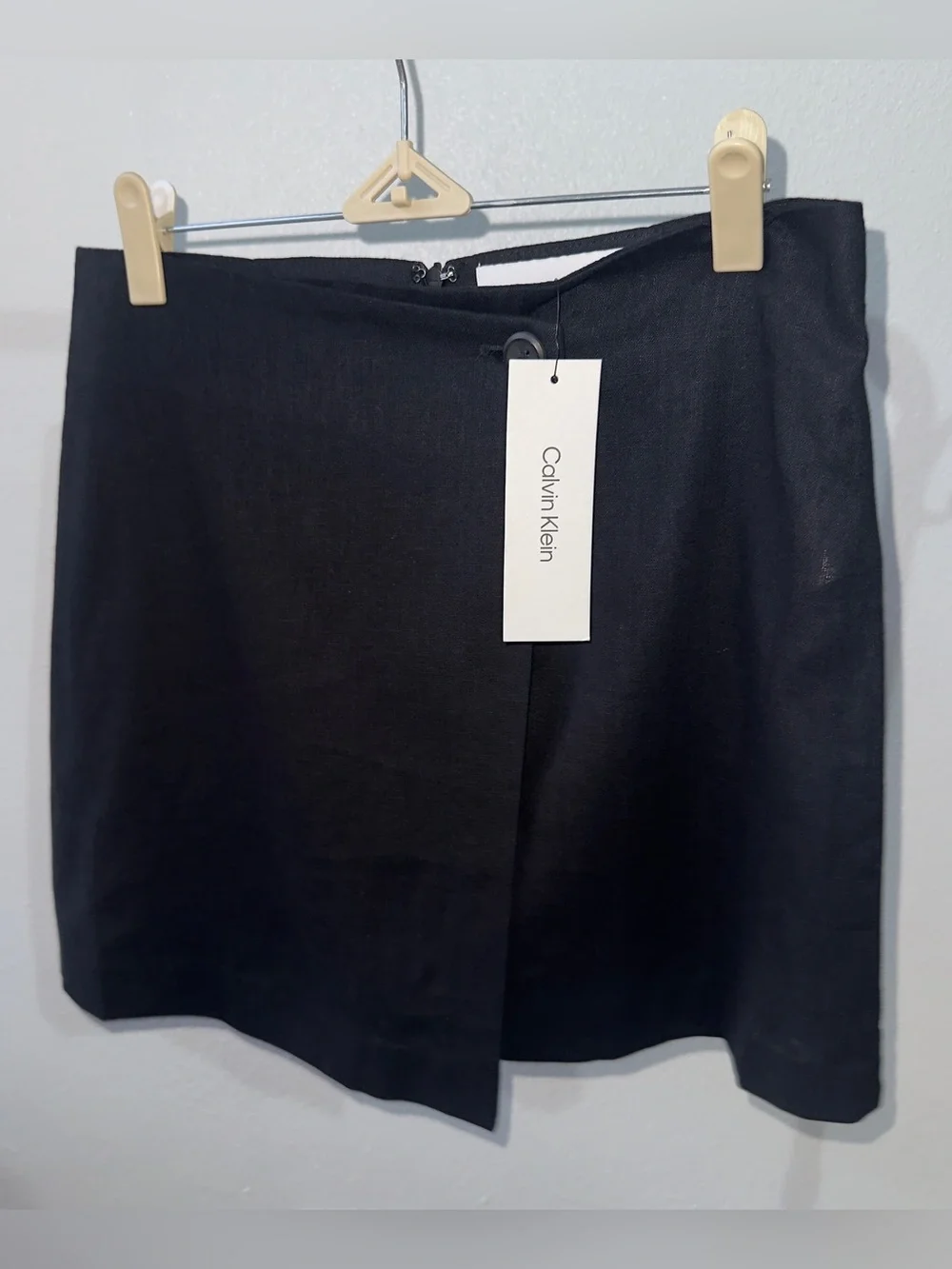Calvin Klein Black Linen Blend Asymmetric Wrap Mini Skirt - Size 6 NWT 🔖
